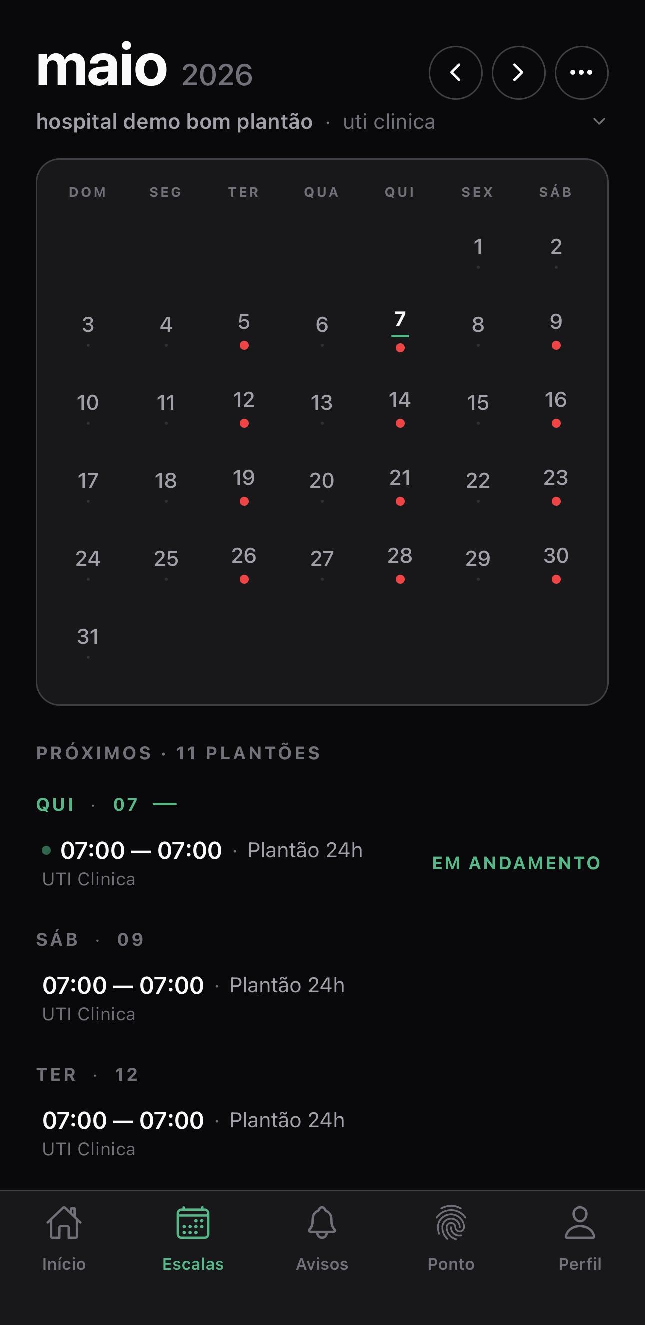 Tela de Agenda do Bom Plantão