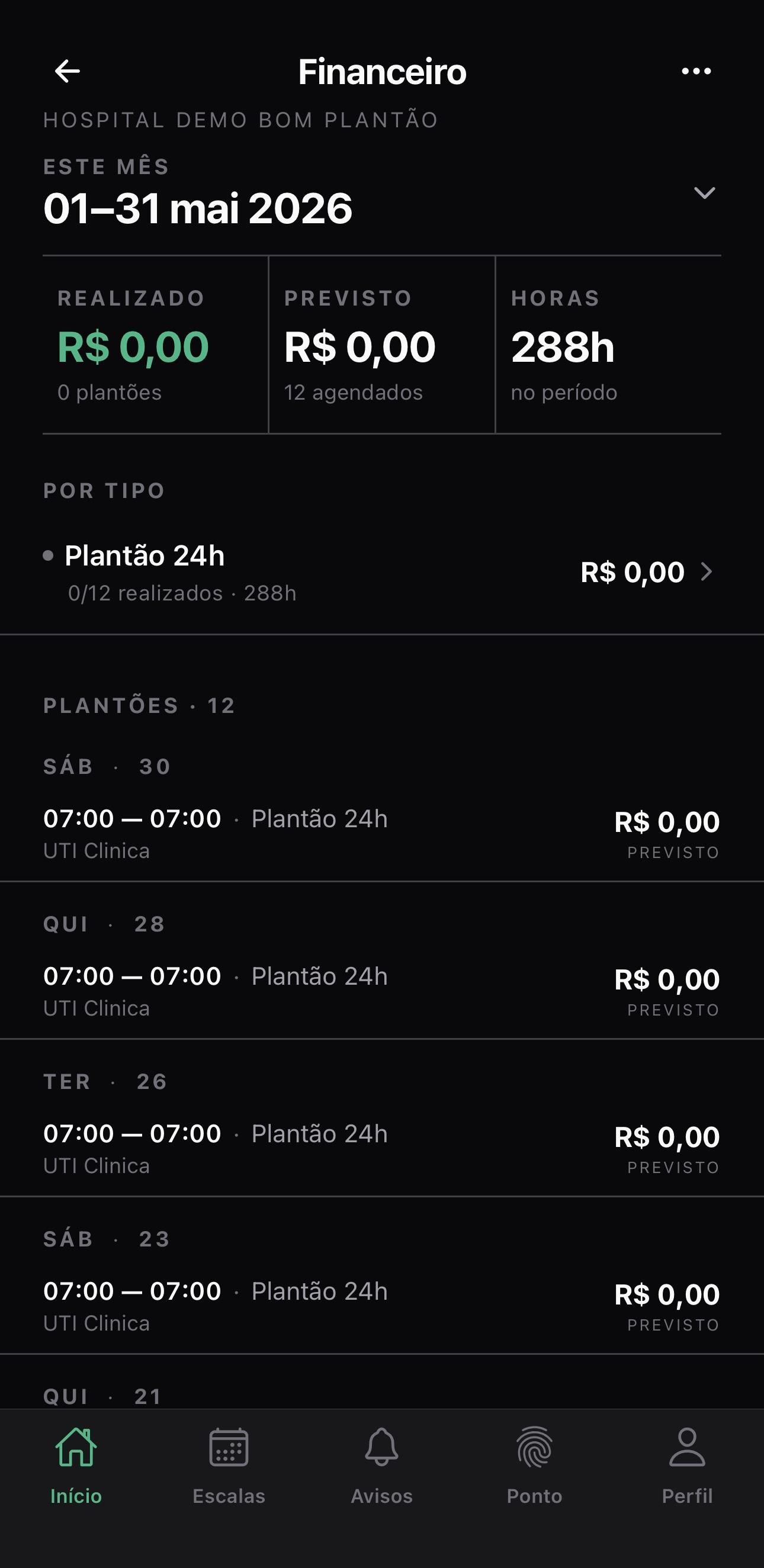 Tela de Financeiro do Bom Plantão