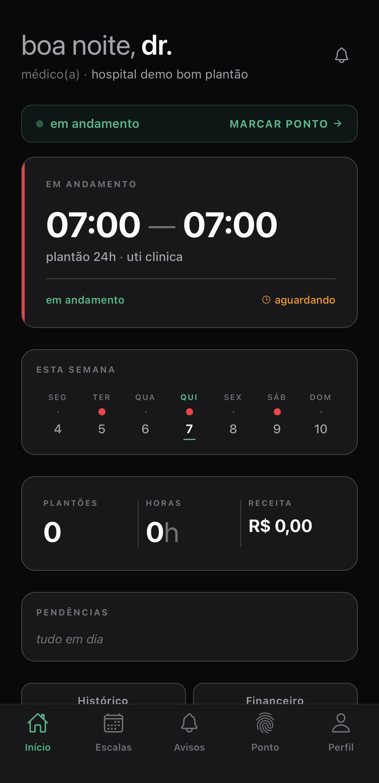 Bom Plantão — tela inicial do app